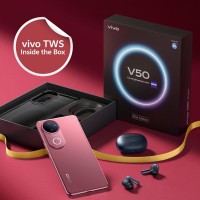 Vivo V50 Elite Edition smartphone displayed on a red gradient background with the text 'Vivo V50 Elite Edition Review' in white, showcasing the sleek Rose Red phone with triple-lens camera and vibrant OLED display.