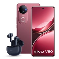 Vivo V50 Elite Edition smartphone displayed on a red gradient background with the text 'Vivo V50 Elite Edition Review' in white, showcasing the sleek Rose Red phone with triple-lens camera and vibrant OLED display.