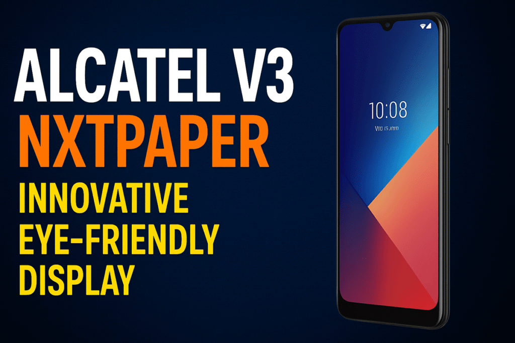 Promotional graphic showcasing the Alcatel V3 NXTPAPER smartphone with bold yellow and white text reading 'Alcatel V3 NXTPAPER – Detailed Information' and a banner saying 'Link in Description to Visit Website'. A realistic image of the smartphone is displayed on the right side against a dark dotted background.