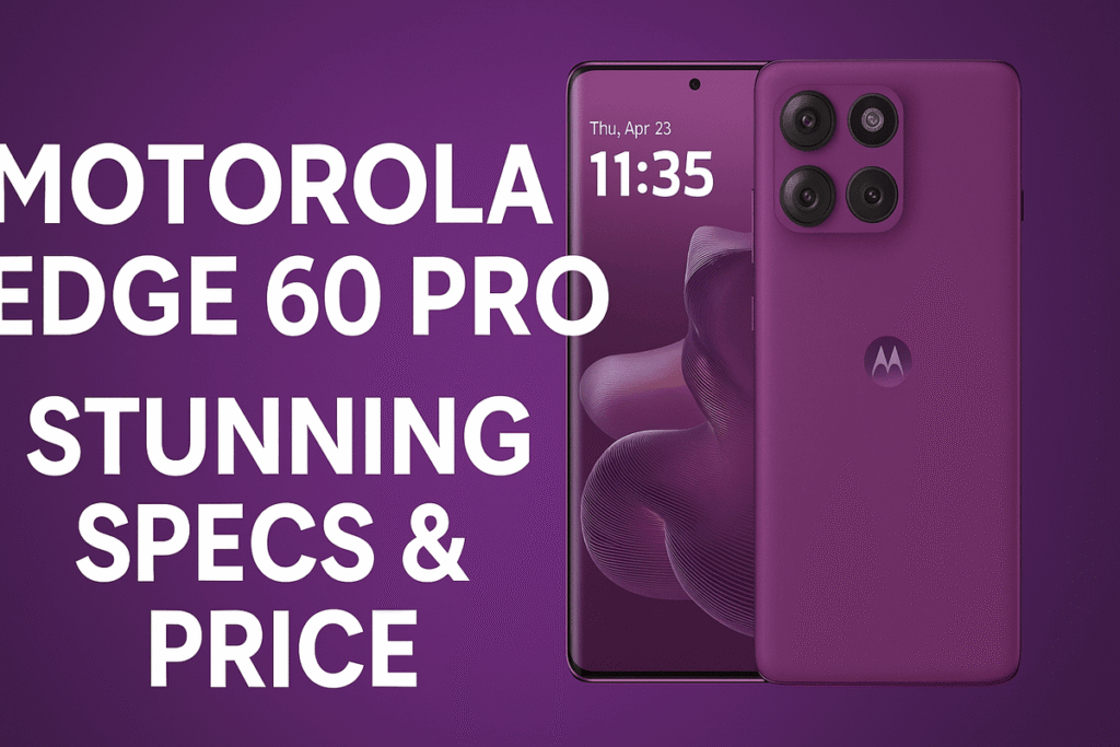 A promotional YouTube-style thumbnail featuring the Motorola Edge 60 Pro smartphone in purple, showcasing both front and back views on a gradient purple background with bold white text highlighting "Motorola Edge 60 Pro - Stunning Specs & Price."