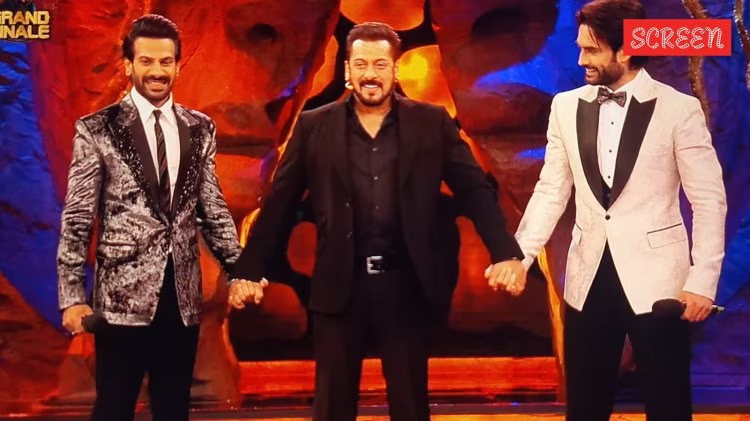 Bigg Boss 18 winner Karan Veer Mehra with top contestants in the grand finale of Bigg Boss 18.