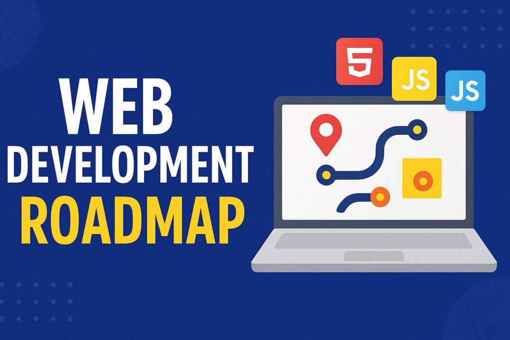 Web Development Roadmap: A structured guide covering front-end, back-end, databases, and deployment, visually representing key stages of web development.