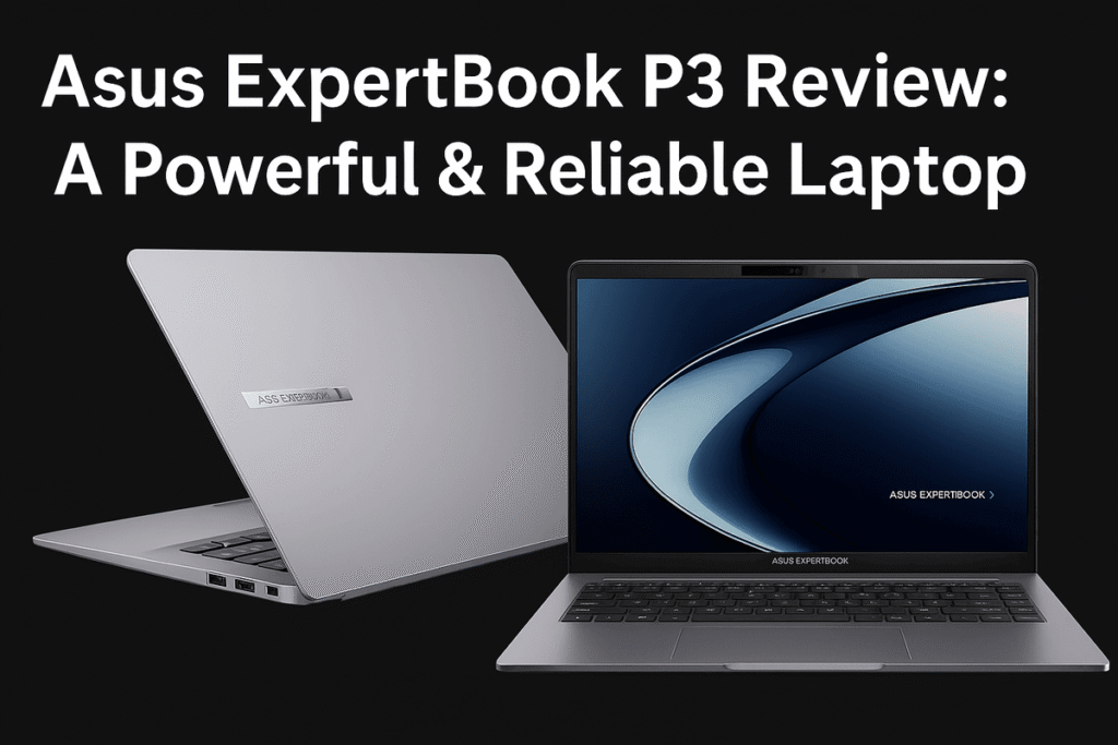 ASUS ExpertBook P3 laptop showcasing its sleek silver design and vibrant display – ideal for professionals and students.