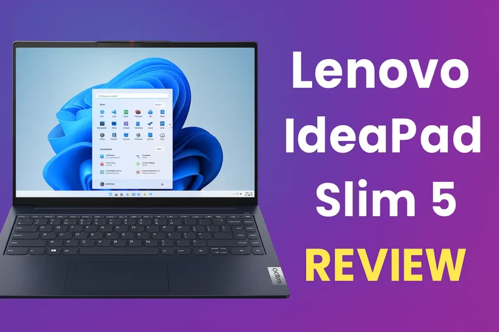 Lenovo IdeaPad Slim 5 laptop review thumbnail showing the laptop with Windows 11 interface on screen, set against a gradient purple-blue background with bold text reading 'Lenovo IdeaPad Slim 5 REVIEW'