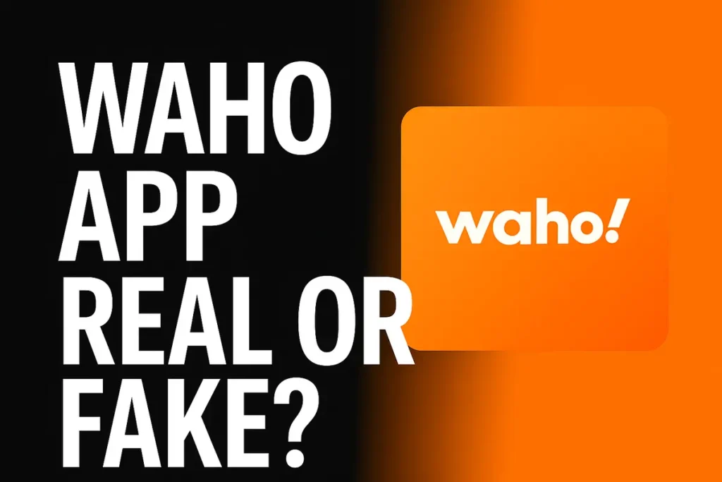 Waho App Real or Fake? — YouTube thumbnail with bold white text on a black-orange gradient background and Waho.app logo displayed on the right side.