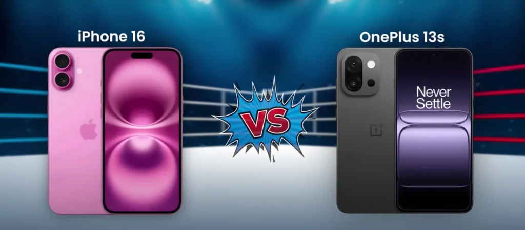 Digital thumbnail showing a side-by-side comparison of the OnePlus 13s vs iPhone 16 smartphones, separated by a bold red "VS" symbol, with vibrant blue and yellow background colors highlighting each phone.