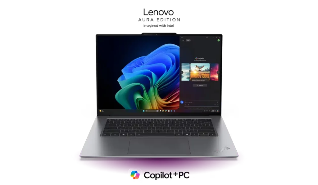 Lenovo ThinkPad X9 Aura Edition top view with backlit Aura logo.