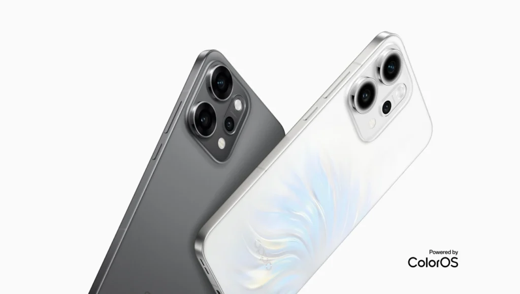 Oppo Reno 14 Pro front and back design showcasing triple camera setup and curved OLED display in Pearl White color