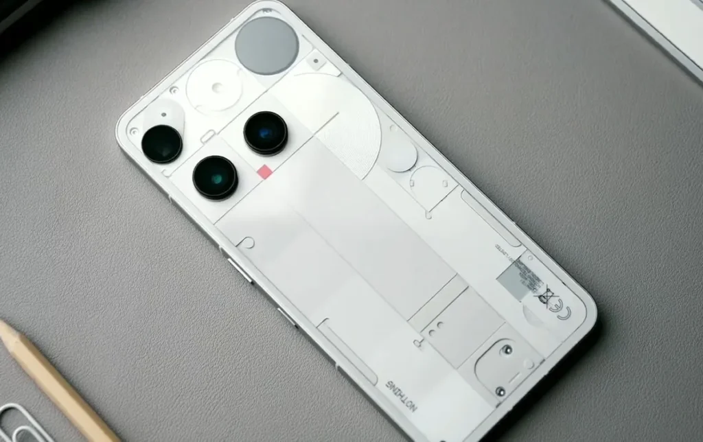 Nothing Phone 3 showing transparent back design and Glyph Matrix LED pattern