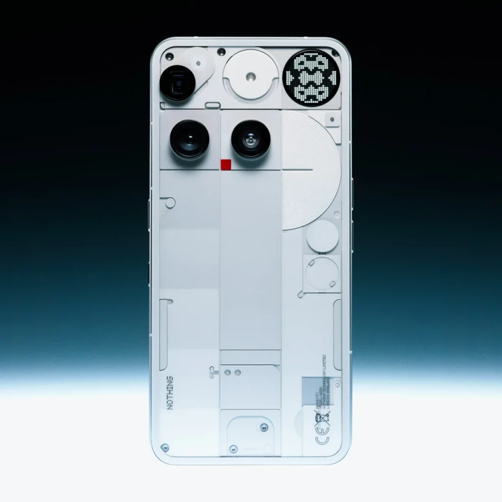 Nothing Phone 3 showing transparent back design and Glyph Matrix LED pattern