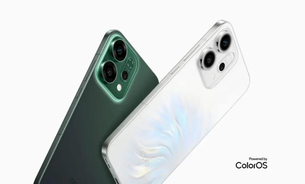 Oppo Reno 14 Pro front and back design showcasing triple camera setup and curved OLED display in Pearl White color